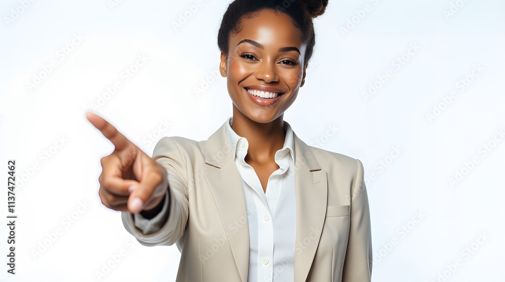 Confident businesswoman smiles, pointing towards opportunity. Success, ambition, and professional growth are implied. Confident businesswoman smiles, pointing towards opportunity. Success, ambition, and professional growth are implied.