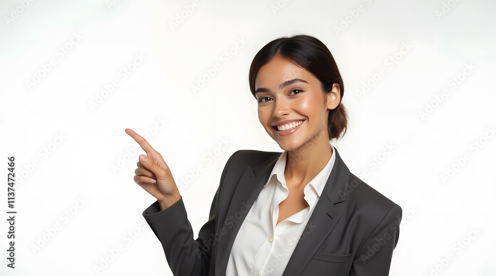 Confident businesswoman smiles, pointing to the right; a clean, white background enhances her presentation. Confident businesswoman smiles, pointing to the right; a clean, white background enhances her presentation.