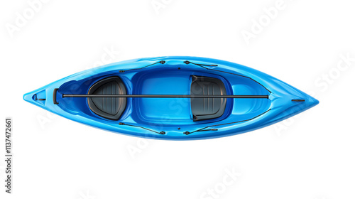 Top view of a blue plastic kayak with paddle on a white background. isolated background. photo