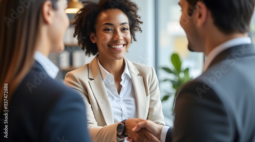 Successful Businesswomen shaking hands, sealing a deal.  Smiling faces, confident partnership.  A moment of collaboration. photo