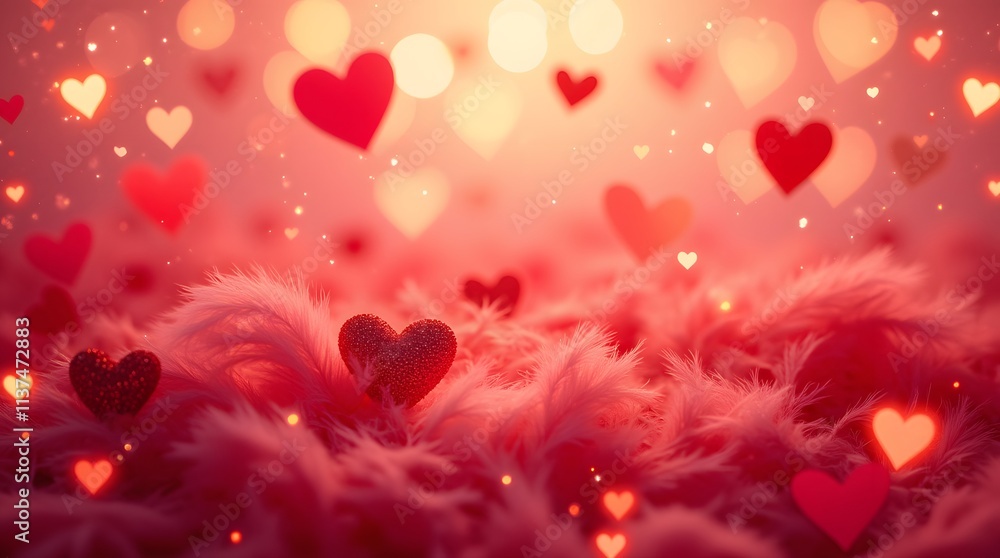 Romantic Valentine's Day scene: Red hearts nestled in soft pink feathers, bathed in a warm, loving glow. Perfect for expressing affection. Romantic Valentine's Day scene: Red hearts nestled in soft pink feathers, bathed in a warm, loving glow. Perfect for expressing affection.
