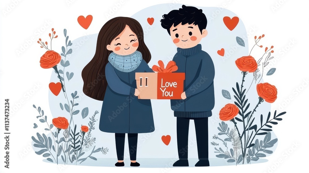 Affectionate Couple Standing Together and Holding Each Other Lovingly in a Snowy Outdoor Winter Landscape with Nature Scenery