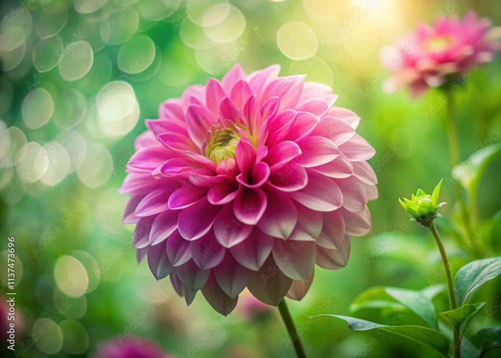 Fototapeta premium Double Exposure Pink Flower Green Background Photography, Surreal Floral Art, Dreamy Botanical Image, Pink Bloom, Green Leaves, Nature Photography