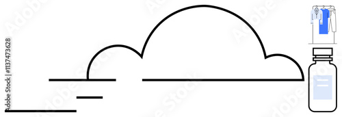 Cloud outline symbolizing remote data storage in healthcare, IV drip stand with patient gown, and medication bottle. Ideal for telemedicine, data management, patient care, online consultations