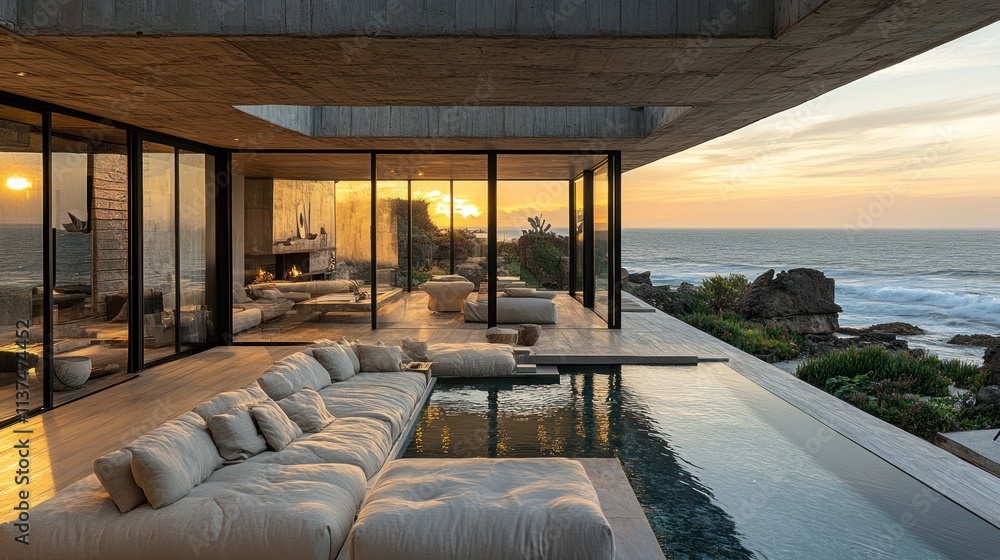 Fototapeta premium Modern coastal home with expansive glass walls and a serene ocean view at sunset.