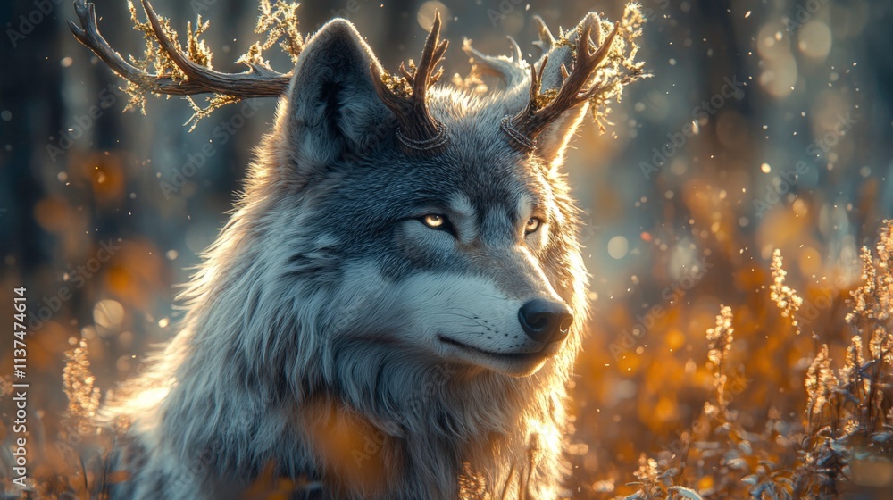 Mythical Chimera Beast with a Wolf’s Body and Majestic Deer Antlers, Combining Power and Elegance in a Fantastical, Hyper-Realistic Design Mythical Chimera Beast with a Wolf’s Body and Majestic Deer Antlers, Combining Power and Elegance in a Fantastical, Hyper-Realistic Design