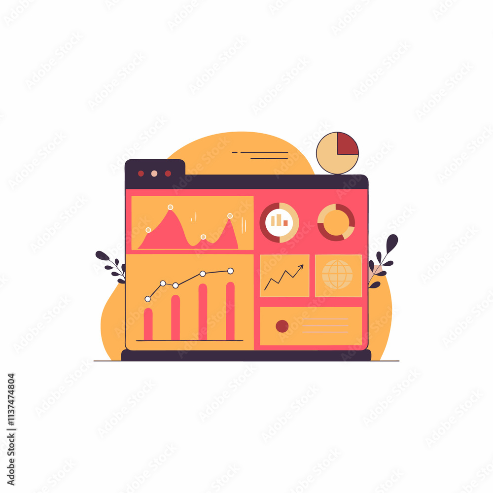 Fototapeta premium A colorful, flat design graphic showcasing a data dashboard on a laptop screen.