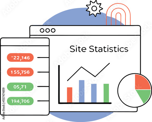 This clean and modern graphic depicts website statistics, including bar graphs, pie charts, and data points displayed on a computer screen and data table.