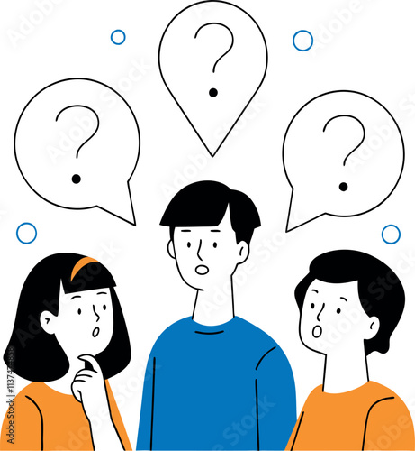 A simple, flat illustration of three diverse characters in a discussion, each with a question mark thought bubble above their heads. photo