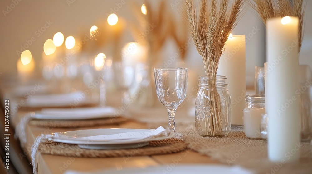 Fototapeta premium Elegant dining table with candles and wheat.