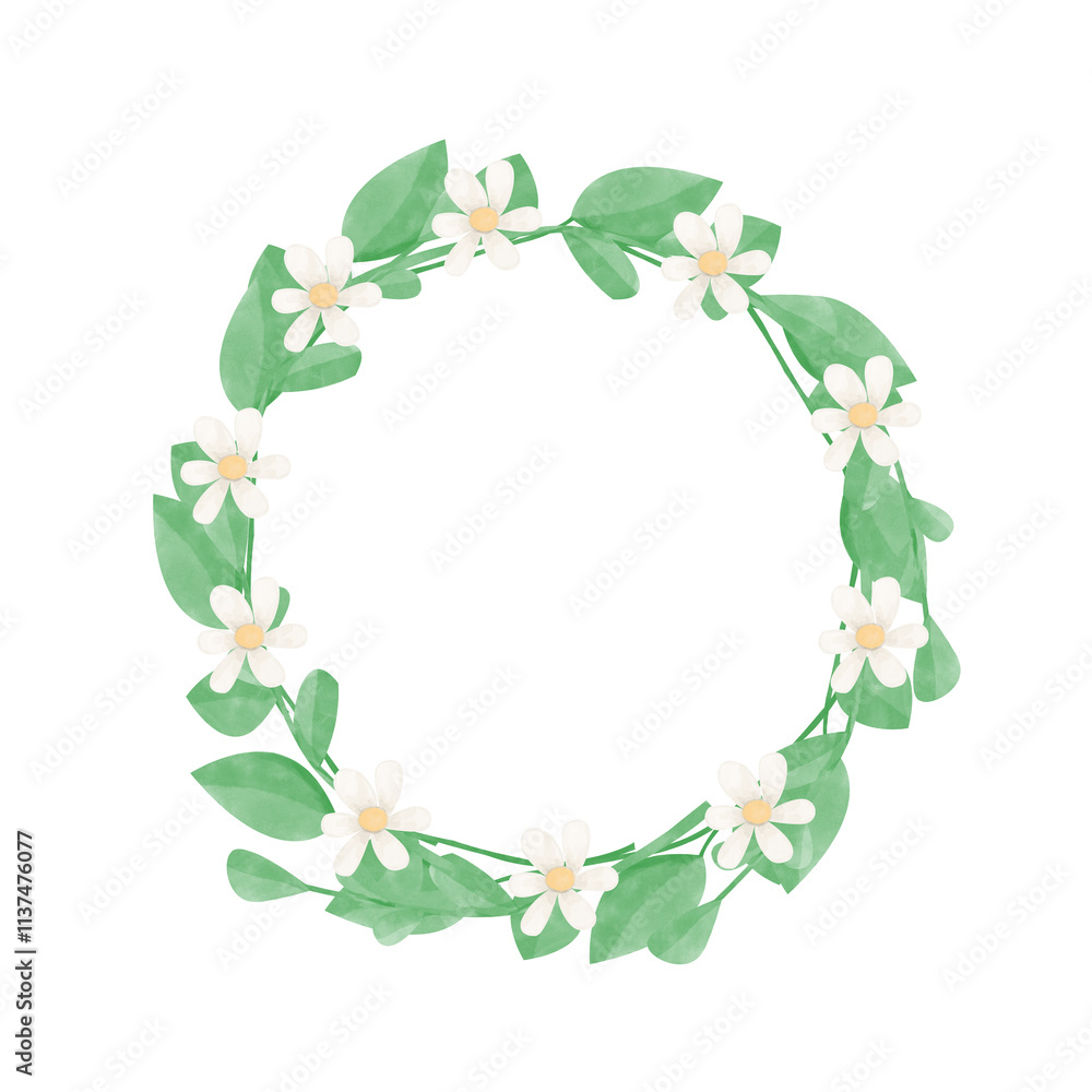 Watercolor Round Frame Wreath Illustration Easter Theme with White Small Daisies and Lush Foliage for Print and Web Use Watercolor Round Frame Wreath Illustration Easter Theme with White Small Daisies and Lush Foliage for Print and Web Use
