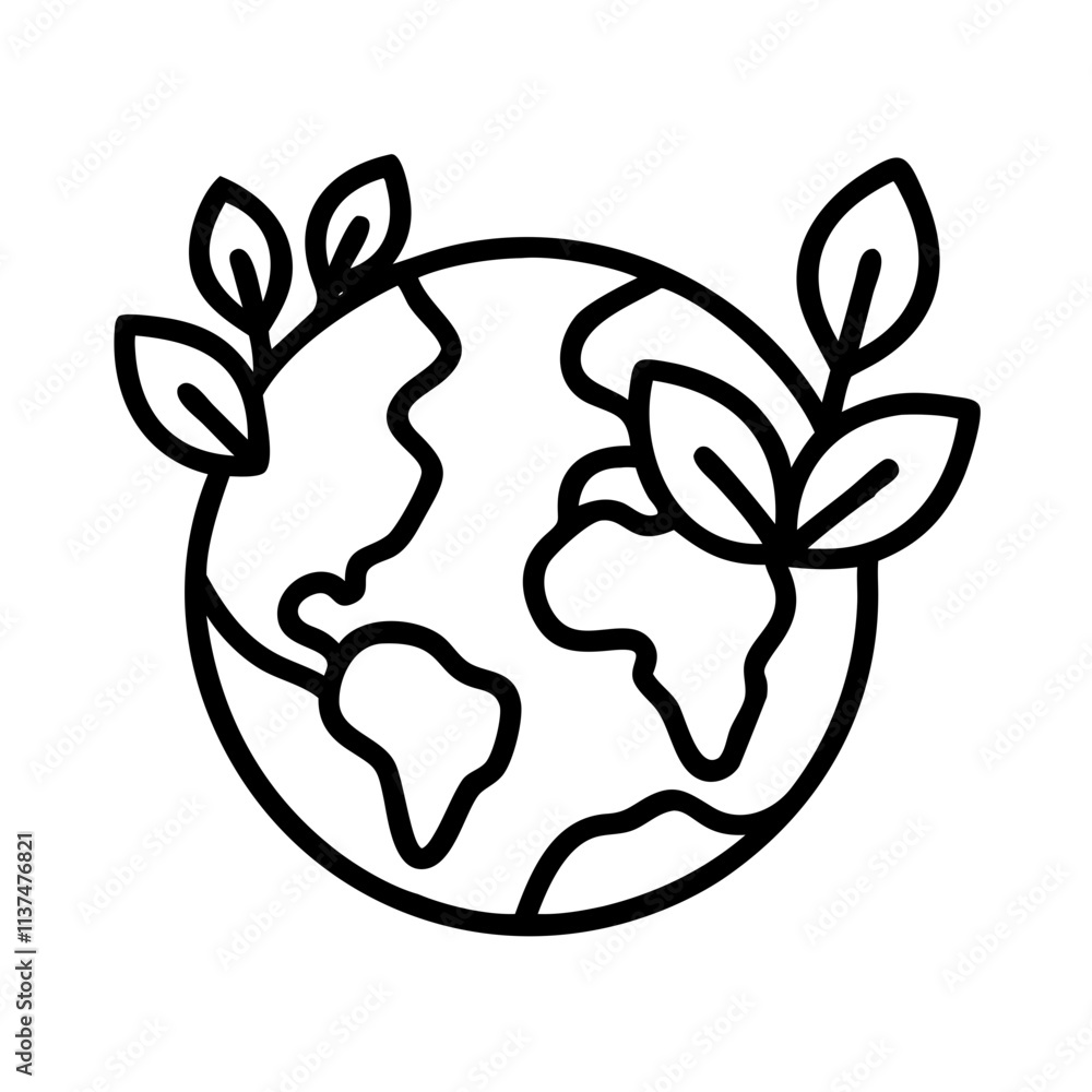 Obraz premium earth with leaves icon, vegan day line art, vegan day icon - simple black line art icon of earth with leaves, for vegan day celebrations. vegan day vector art.