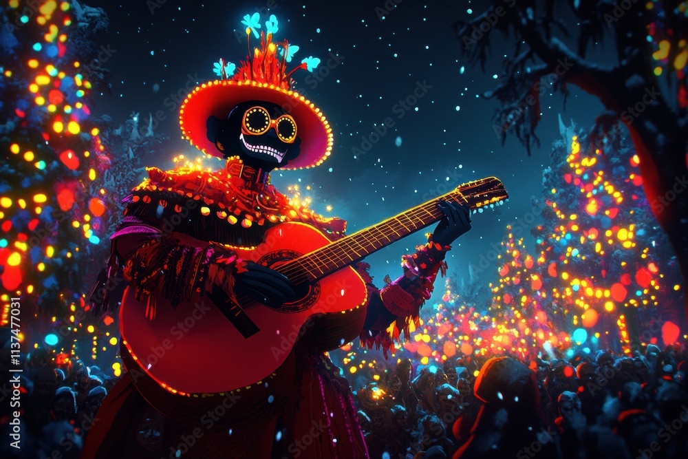 Fototapeta premium Calavera Musician Plays Guitar at Night Market