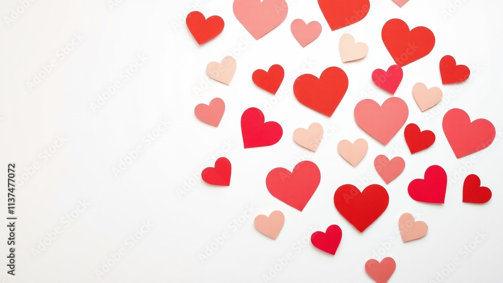 Paper hearts on white background: A clean and elegant composition featuring red, pink, and soft peach paper hearts cut from thick cardstock Paper hearts on white background: A clean and elegant composition featuring red, pink, and soft peach paper hearts cut from thick cardstock