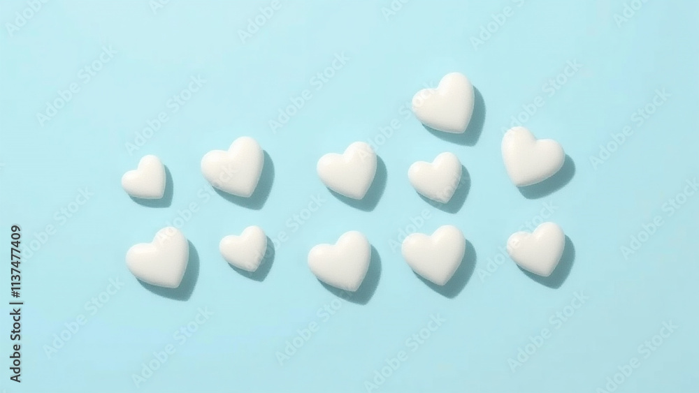 Sky Blue Background: A series of white heart-shaped tablets arranged at even intervals, each tablet casting crisp, delicate shadows on the surface Sky Blue Background: A series of white heart-shaped tablets arranged at even intervals, each tablet casting crisp, delicate shadows on the surface