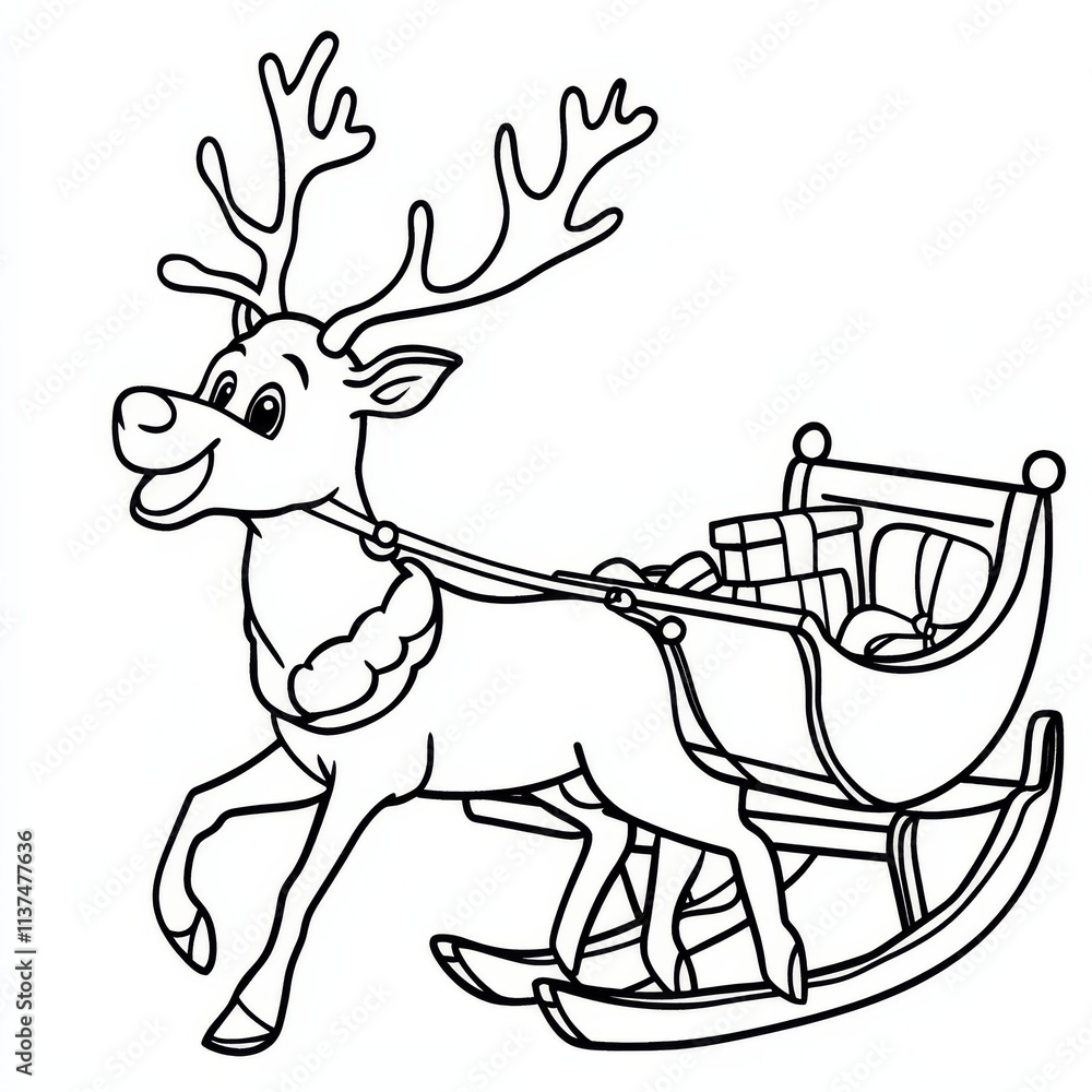 Jolly Reindeer Sleigh Ride: A cheerful reindeer pulls a sleigh full of gifts, perfect for Christmas coloring pages or festive decorations. Jolly Reindeer Sleigh Ride: A cheerful reindeer pulls a sleigh full of gifts, perfect for Christmas coloring pages or festive decorations.