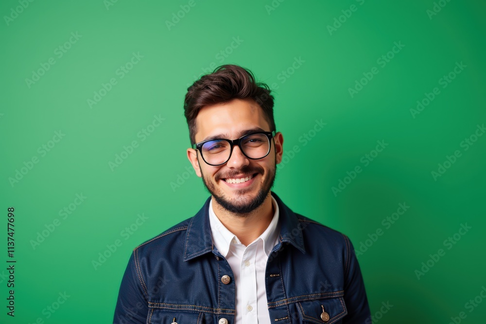 Confident Young Man Smiling in Casual Denim Jacket and Glasses against Green Background, Perfect for Social Media or Marketing Campaigns Confident Young Man Smiling in Casual Denim Jacket and Glasses against Green Background, Perfect for Social Media or Marketing Campaigns