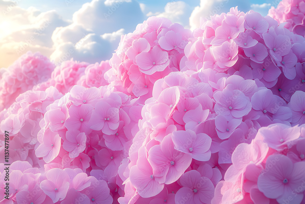 Arrangement of pink and blue hydrangeas against a soft, cloudy sky background. Arrangement of pink and blue hydrangeas against a soft, cloudy sky background.