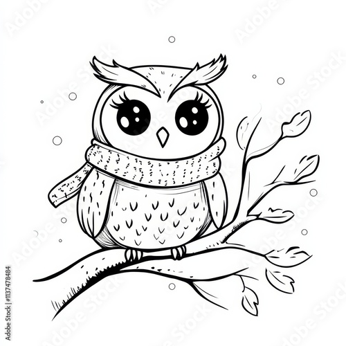 Adorable Winter Owl: A charming hand-drawn illustration of a cute owl wearing a cozy scarf, perched on a snowy branch. Perfect for coloring pages, children's books, or winter-themed designs.  photo