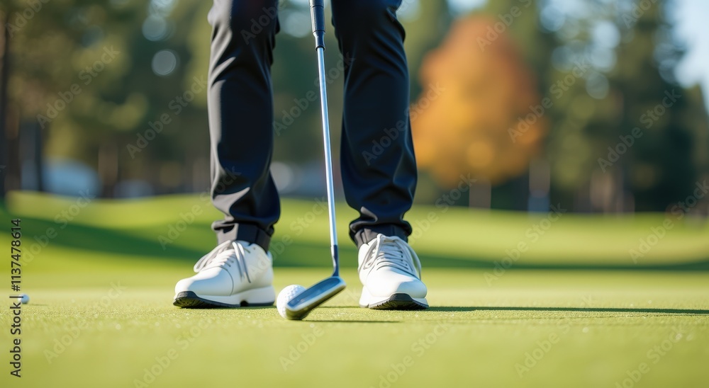 Obraz premium Mastering the Green: Focused Golfer Mid-Swing on Lush Golf Course, Perfect for Golfing Gear Advertisements and Inspirational Sports Posters