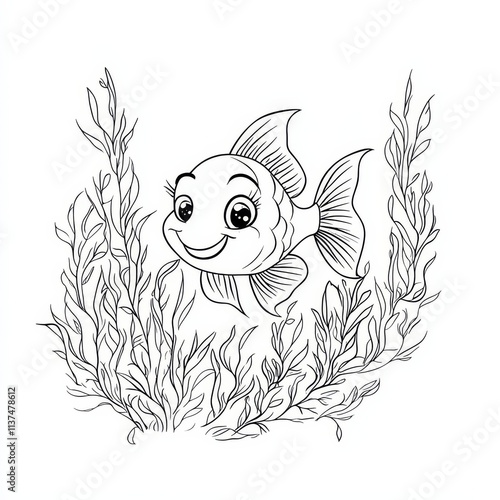 Wallpaper Mural Smiling Fish in Seaweed: A simple and charming line drawing of a happy fish swimming in a bed of seaweed, perfect for children's books, illustrations, and coloring pages.   Torontodigital.ca