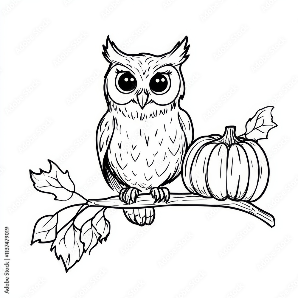 Fototapeta premium Autumn Owl: Line art illustration of an adorable owl perched on a branch with a pumpkin. Perfect for fall-themed designs and seasonal decorations. 