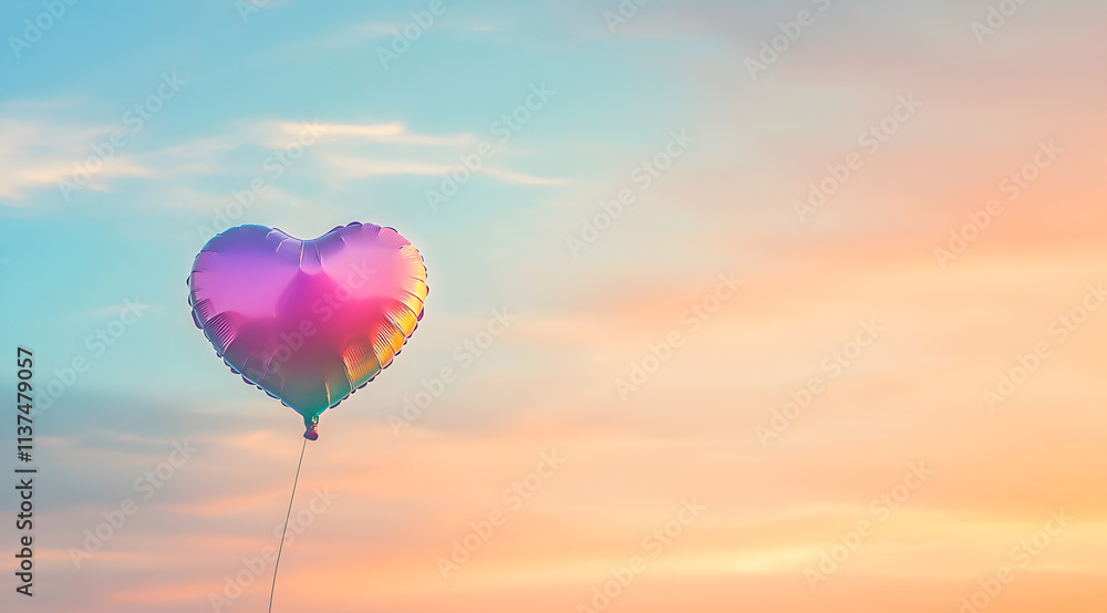 Fototapeta premium A colorful heart-shaped balloon floats against a serene sky, evoking feelings of love and joy.