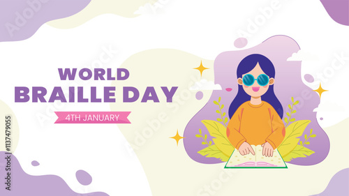 blind woman wearing sunglasses reading a book. World Braille Day on January 4th