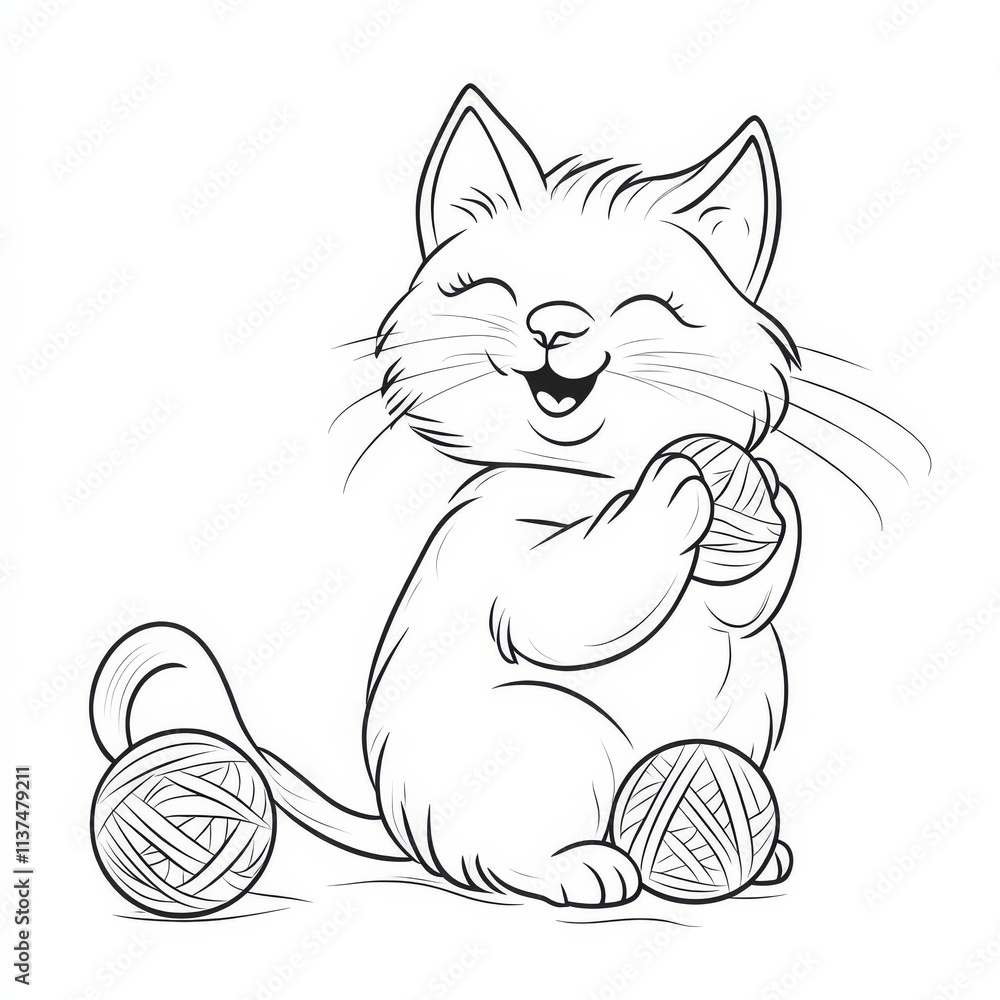 Obraz premium Playful Kitten with Yarn Balls: A delightful hand-drawn illustration of a cheerful kitten surrounded by yarn balls, perfect for children's books, greeting cards.