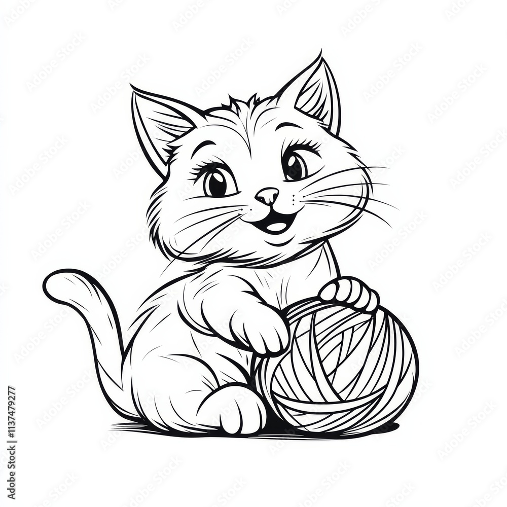 Obraz premium Adorable Kitten with Yarn Ball: A charming black and white illustration of a cute kitten playfully holding a ball of yarn. Perfect for children's books, coloring pages.