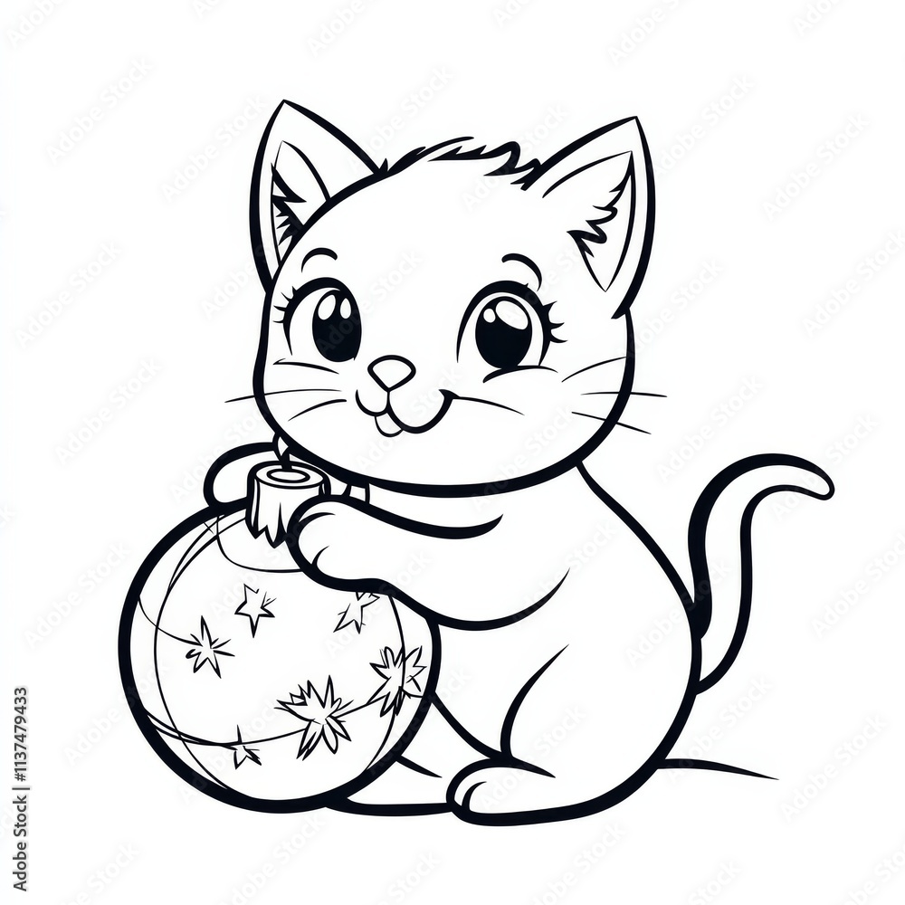 Fototapeta premium Cute Kitten with Christmas Ornament. Coloring page 