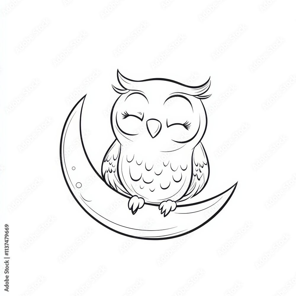 Sleepy Owl on Crescent Moon. Coloring page Sleepy Owl on Crescent Moon. Coloring page