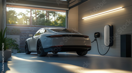 Fototapeta Naklejka Na Ścianę i Meble -  A minimalist home garage interior with an electric car and a wall-mounted charging station, neatly designed for efficiency