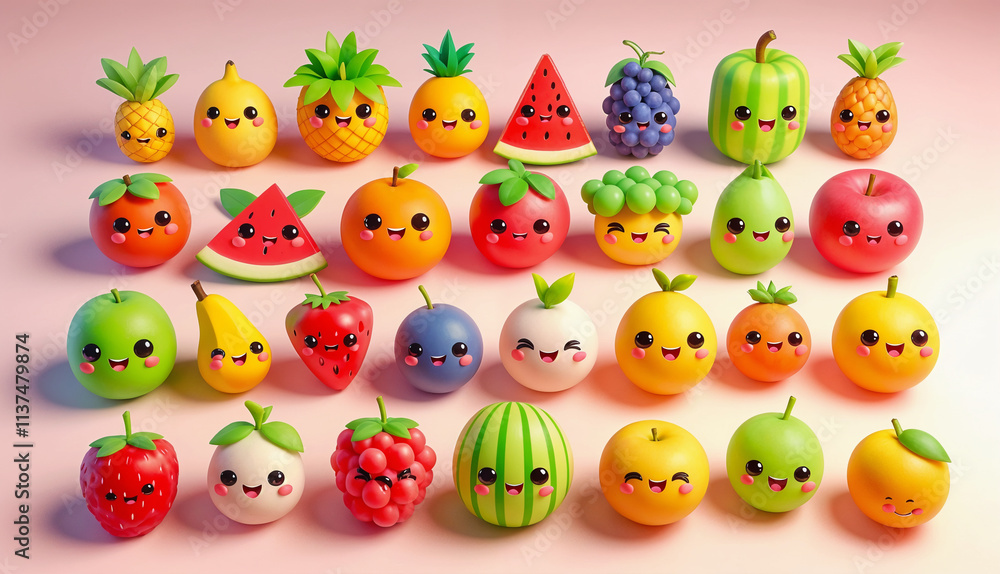 Colorful cartoon-style fruits with smiling faces, featuring watermelons, apples, grapes, and pineapples in a kawaii design