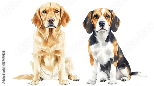 A realistic watercolor illustration of two dogs Isolated on a pure white background, Generative AI design.