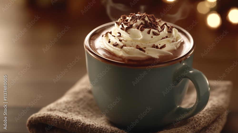 blue ceramic cup hot chocolate drink with cream and chocolate flakes sprinkled, steaming hot, linen cloth, cozy wooden table relax light blue ceramic cup hot chocolate drink with cream and chocolate flakes sprinkled, steaming hot, linen cloth, cozy wooden table relax light