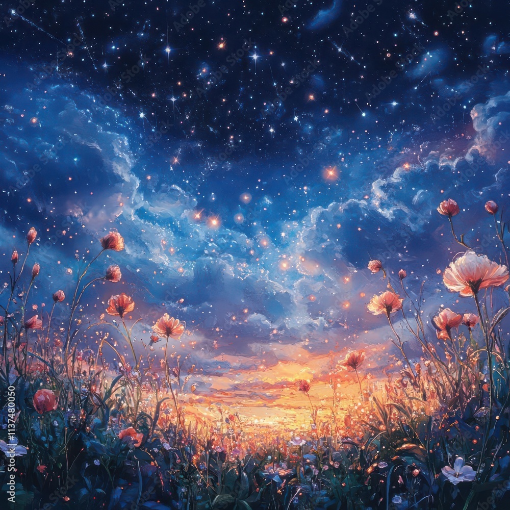 A breathtaking view of the night sky full of constellations, dewdrops on petals and grass sparkling under the celestial glow, vibrant and richly detailed A breathtaking view of the night sky full of constellations, dewdrops on petals and grass sparkling under the celestial glow, vibrant and richly detailed