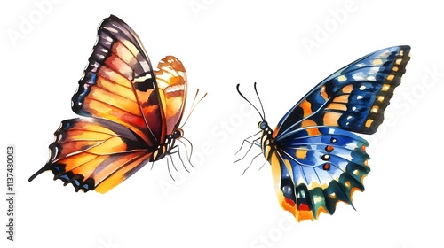 A realistic watercolor illustration of two butterflies Isolated on a pure white background, Generative AI design. photo