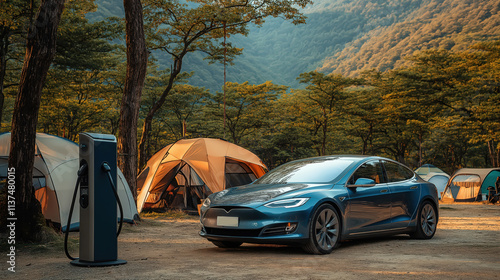 A portable EV charger connected to a compact electric car parked in an outdoor camping area