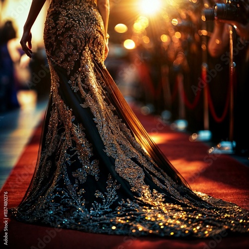 close-up of luxurious dress of one of the guests on the red carpet at a movie awards gala