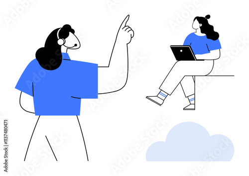 Two people engaging in remote work one pointing upwards while wearing a headset and the other seated, using a laptop. Ideal for teamwork, remote work, brainstorming, communication, tech support