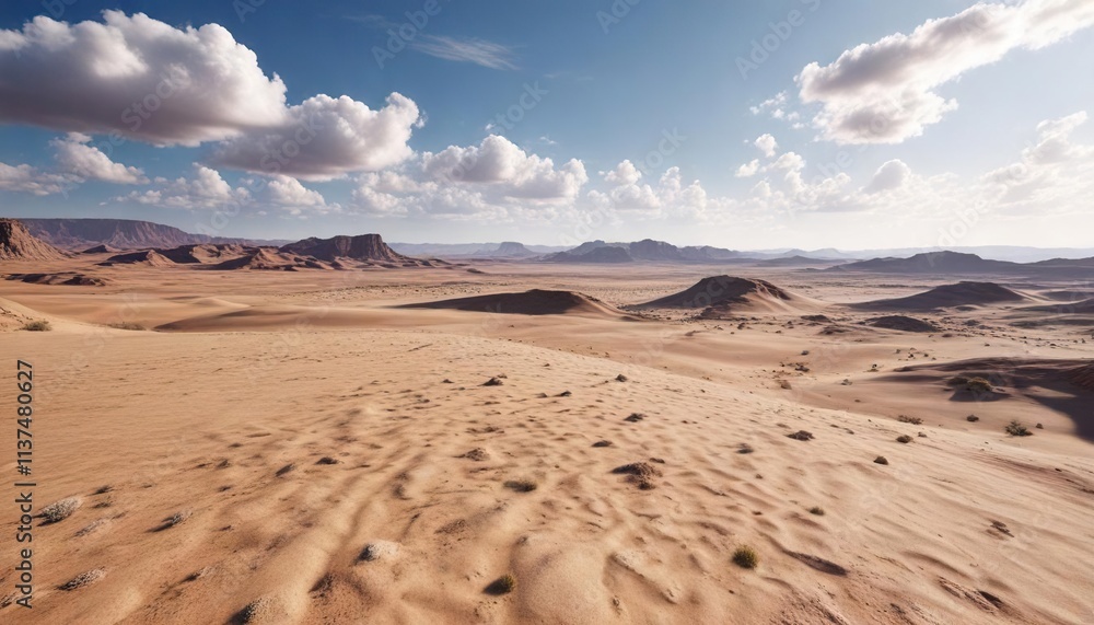 Wide shot of a vast desert landscape under a cloudy blue sky, barren, nature, empty Wide shot of a vast desert landscape under a cloudy blue sky, barren, nature, empty