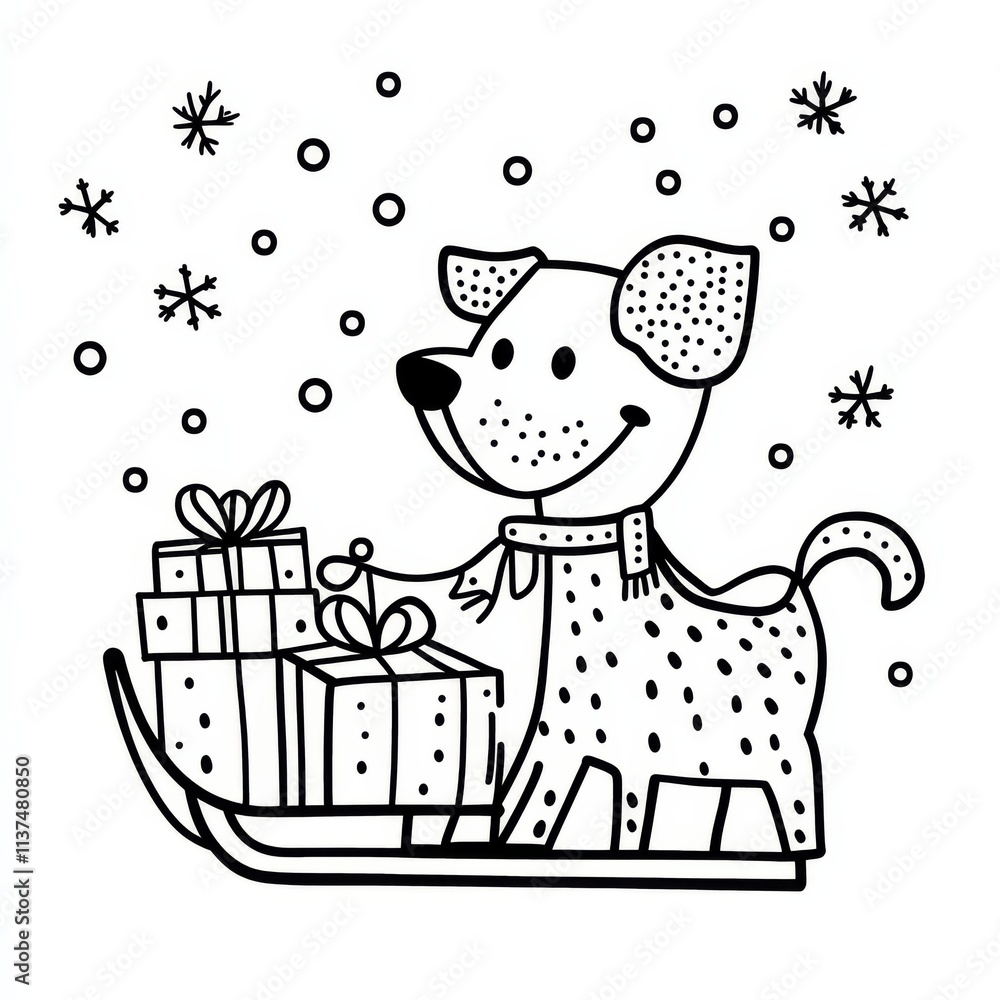 Naklejka premium Merry Pup: A cheerful dog pulls a sled full of gifts, surrounded by snowflakes, perfect for your holiday coloring book. 