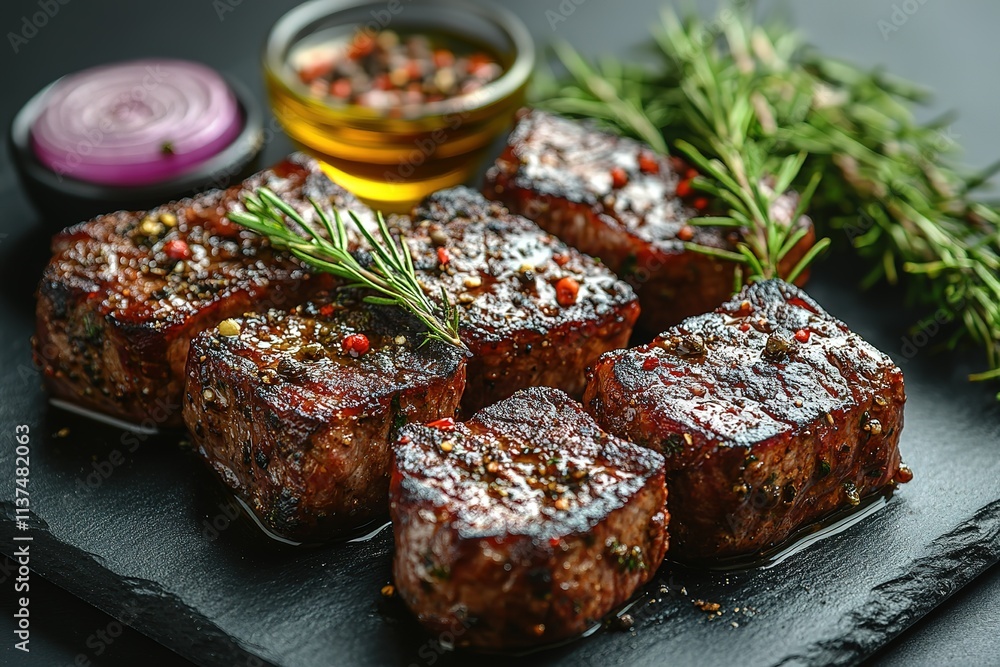 A plate of meat with herbs and spices on top A plate of meat with herbs and spices on top