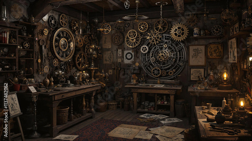 Dimly lit vintage workshop with clock parts and sketches, historical craftsmanship, stock photo