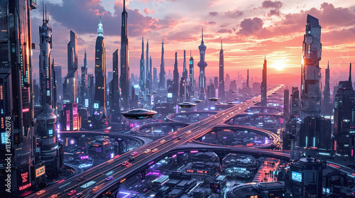 Futuristic city with hovering cars and glowing neon signs, advanced urban landscape, stock photo