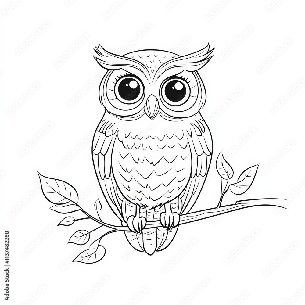 Fototapeta premium Wise Owl on Branch: A charming, hand-drawn illustration of a wise owl perched on a branch, surrounded by leaves, perfect for children's books, educational materials, and nature-themed designs. 