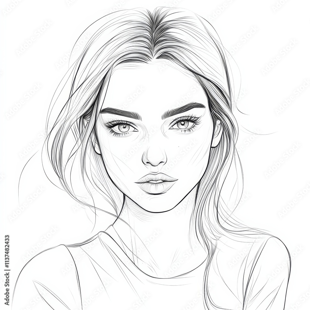 Serene Sketch: A captivating portrait drawing of a woman with flowing hair, featuring delicate linework and expressive eyes. Sketch coloring page