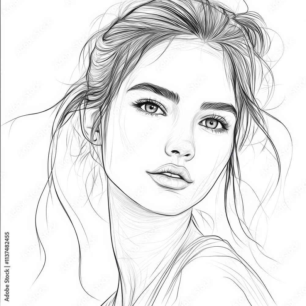 Line Art Portrait of a Woman: A captivating portrait of a woman drawn in elegant, delicate lines. Her expressive eyes and soft features create a sense of beauty and grace. Sketch coloring page Line Art Portrait of a Woman: A captivating portrait of a woman drawn in elegant, delicate lines. Her expressive eyes and soft features create a sense of beauty and grace. Sketch coloring page