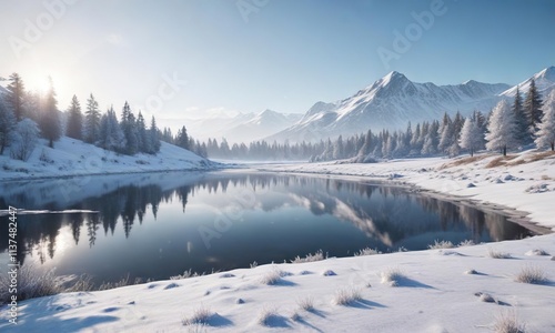 Wallpaper Mural Winter scenery with frost-covered lake and rolling snow hills, serene, remote, icy landscape Torontodigital.ca